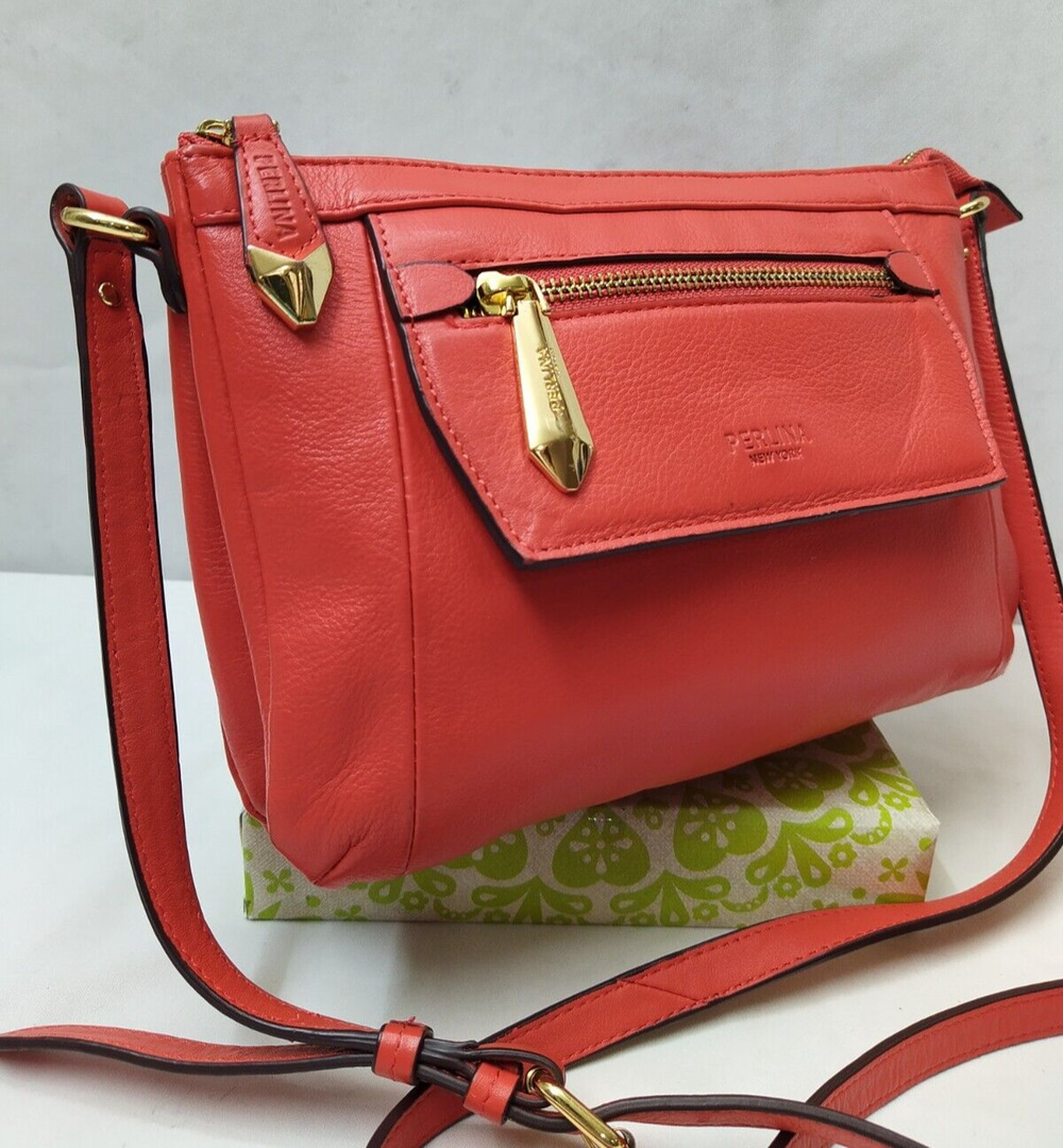 Perlina Orange Leather Pockets Zipper Closure Crossbody Bag